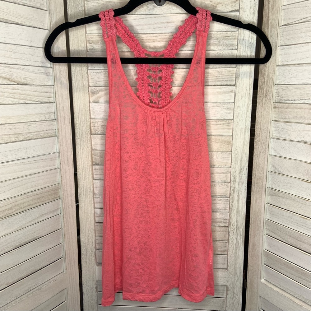 Lei Pink Abstract Print Soft Sheer See Through Crochet Strap Tank Top M